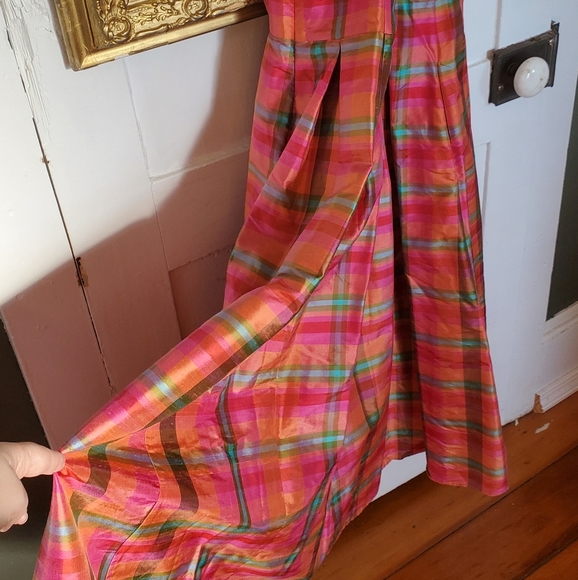 ❤HP❤ Isaac Mizrahi Fuchsia Orange Plaid Midi Silk Dress !🏵HP🏵! - Picture 6 of 11